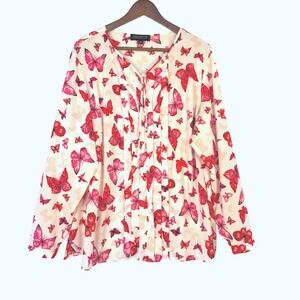 Jones New York Butterfly Print Split Neck Pleated Blouse Sz 20W